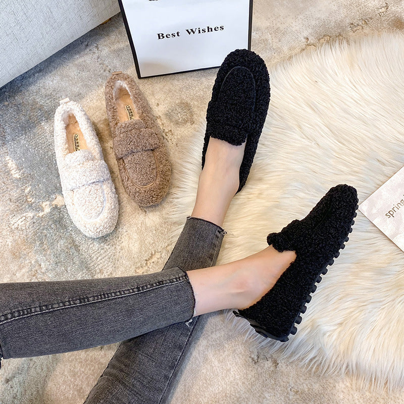 Winter Plush Flats Shoes Ins Fashion Slip On Loafers Women's Warm Peas Shoes - Shopteufel