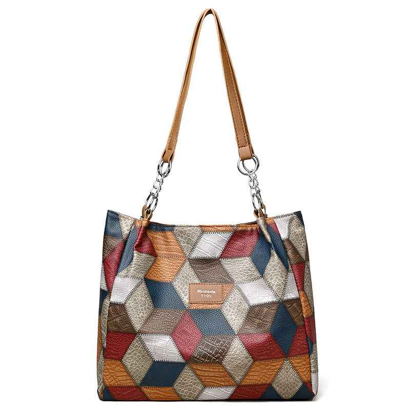 Retro-Schultertasche mit geometrischem Muster und farblich abgestimmten Details - Shopteufel