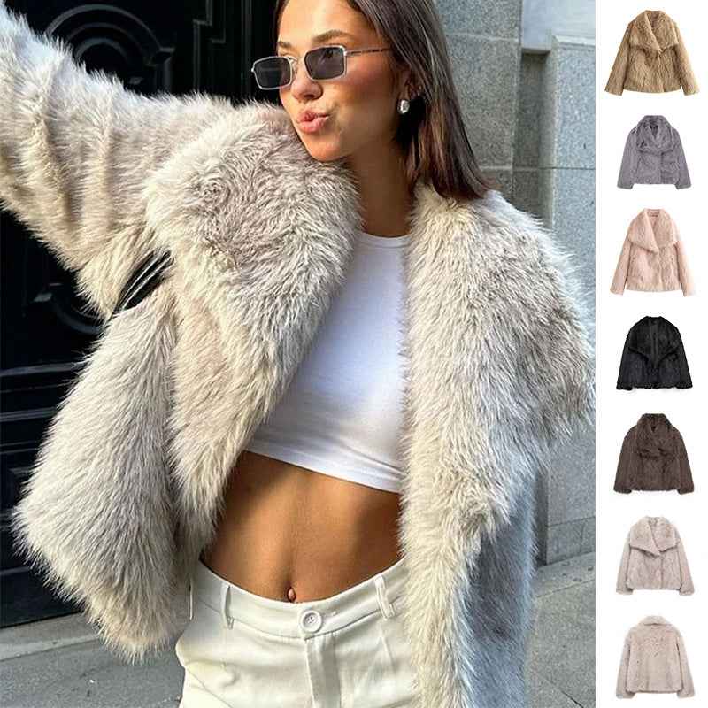 Winter Plush Coat Fashion Warm Thicken Fluffy Lapel Jacket Outwear Casual Long Sleeve Tops Womens Clothing - Shopteufel