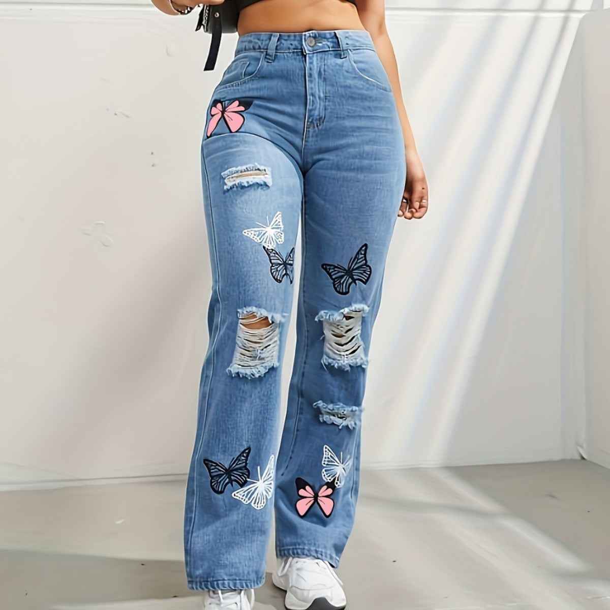 High Waisted Straight Leg Jeans For Women Trendy Butterfly Print Ripped Distressed Denim Pants - Shopteufel