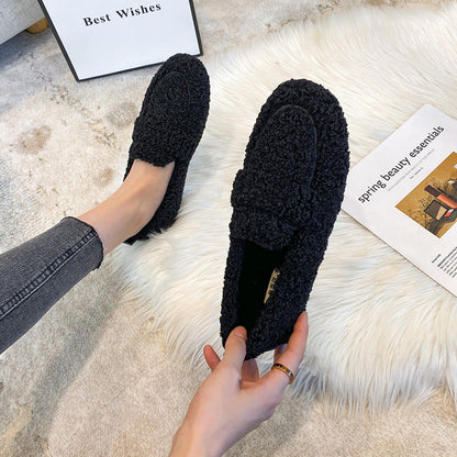 Winter Plush Flats Shoes Ins Fashion Slip On Loafers Women's Warm Peas Shoes - Shopteufel