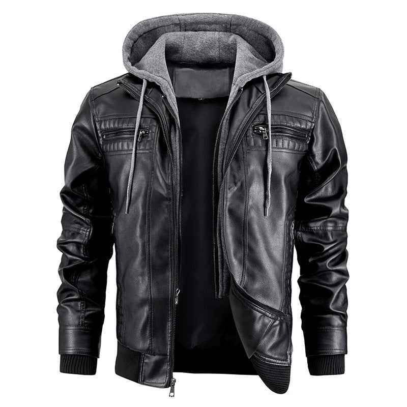 Hooded Jacket With Zipper Pockets Fashion Warm Pu Leather Coat Mens Clothing - Shopteufel