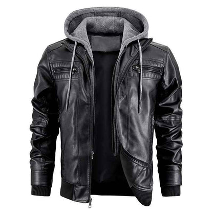 Hooded Jacket With Zipper Pockets Fashion Warm Pu Leather Coat Mens Clothing - Shopteufel