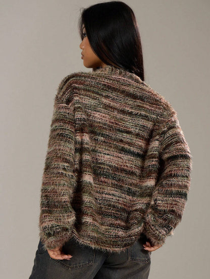 Winter Stripe Knitted Sweater Ins Button Cardigan Long Sleeved V-neck Cropped Tops For Women