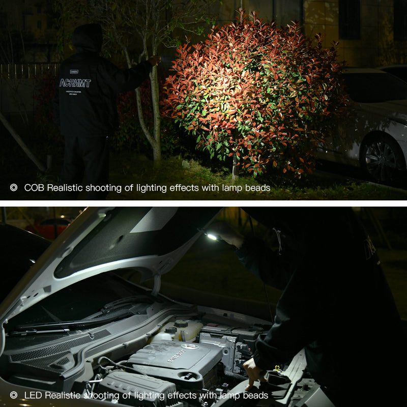 Person mit schwarzer Jacke beleuchtet nachts einen Strauch und untersucht Motorraum eines Autos mit LED-Lampe