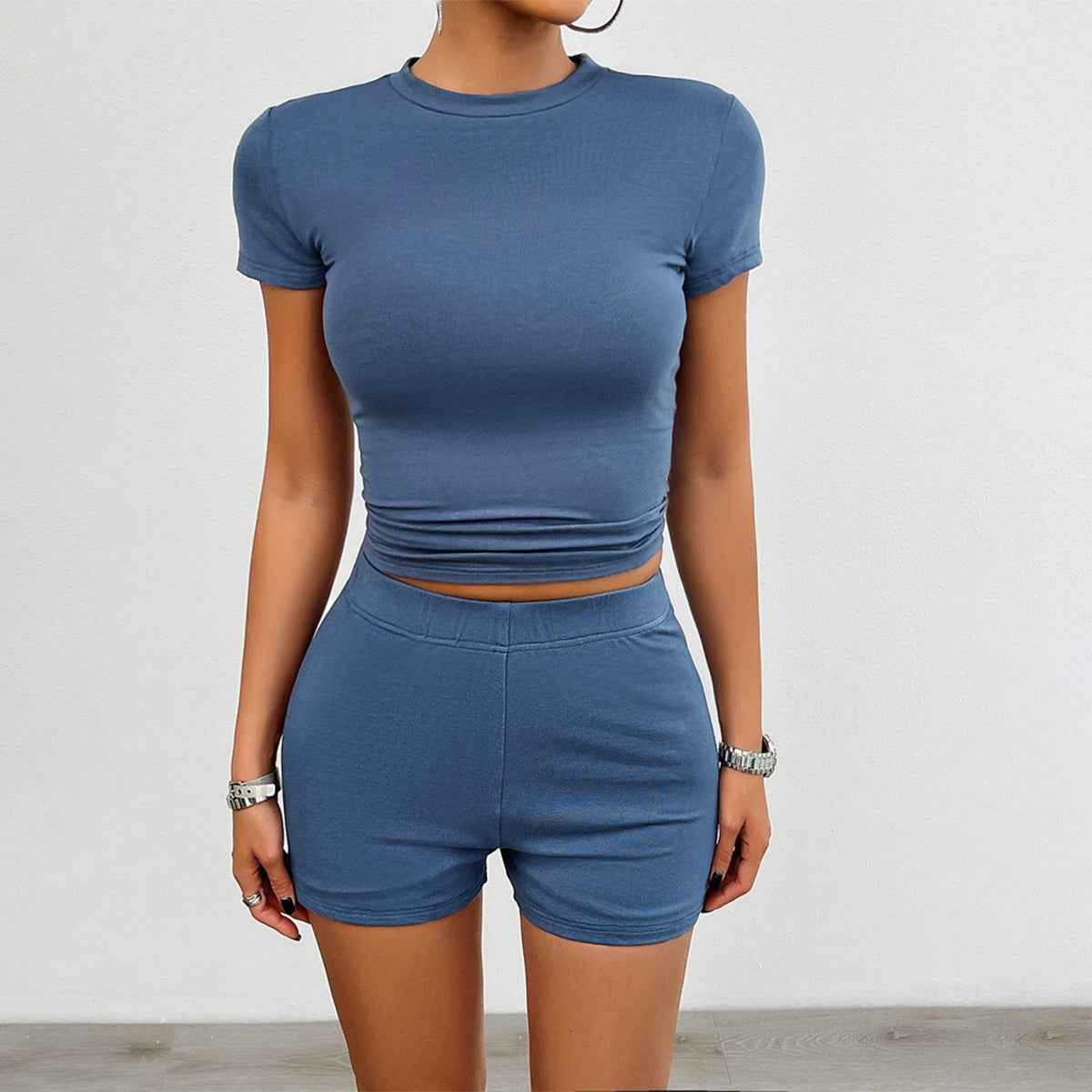 Solid Color Slim Sports Suit Summer 2Pcs Short-sleeved Round Neck T-shirt And Elastic Shorts Fashion Womens Clothing - Shopteufel
