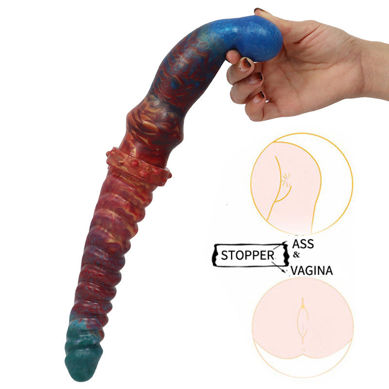 Doppelkopf-Dildo mit Fischgrätenmuster und farbigem Analplug für Frauen - Shopteufel