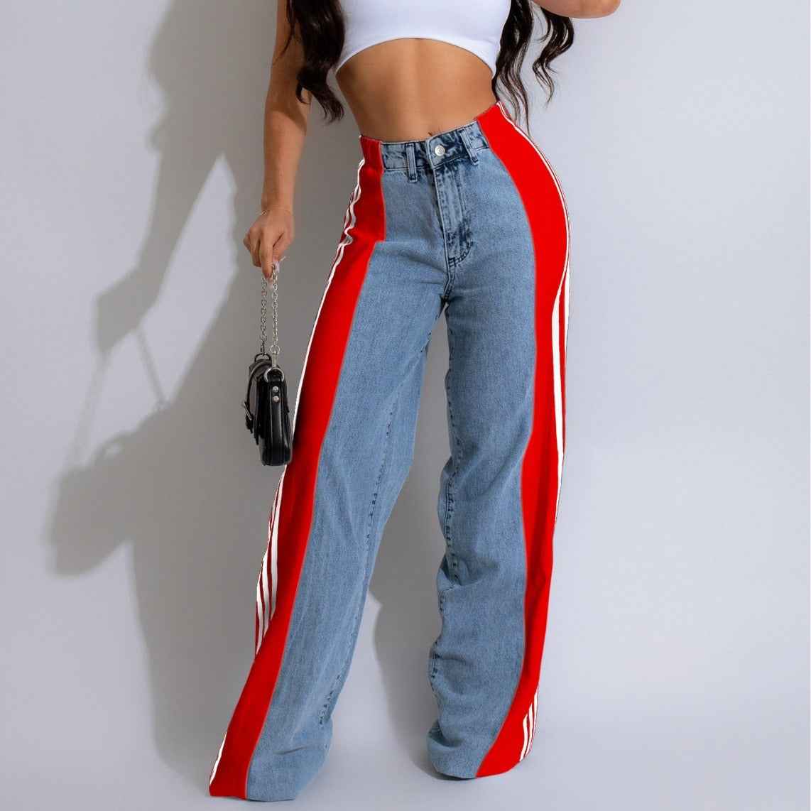 2024 Fashion Casual High Waist Elastic Straight Leg Trousers Three Stripe Patchwork Denim Wide Leg Pants Streetwear - Shopteufel