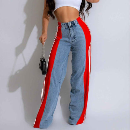 2024 Fashion Casual High Waist Elastic Straight Leg Trousers Three Stripe Patchwork Denim Wide Leg Pants Streetwear - Shopteufel