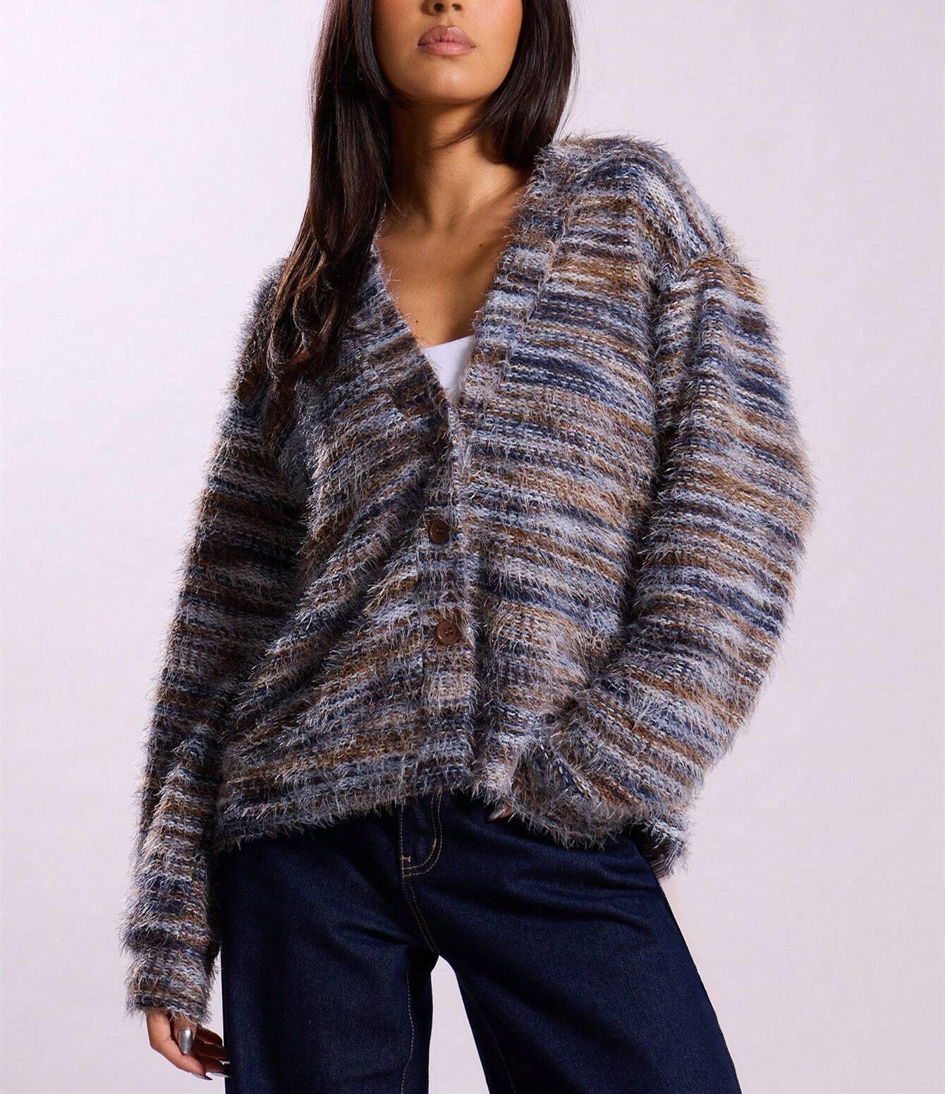 Winter Stripe Knitted Sweater Ins Button Cardigan Long Sleeved V-neck Cropped Tops For Women