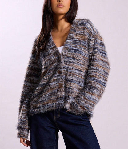 Winter Stripe Knitted Sweater Ins Button Cardigan Long Sleeved V-neck Cropped Tops For Women
