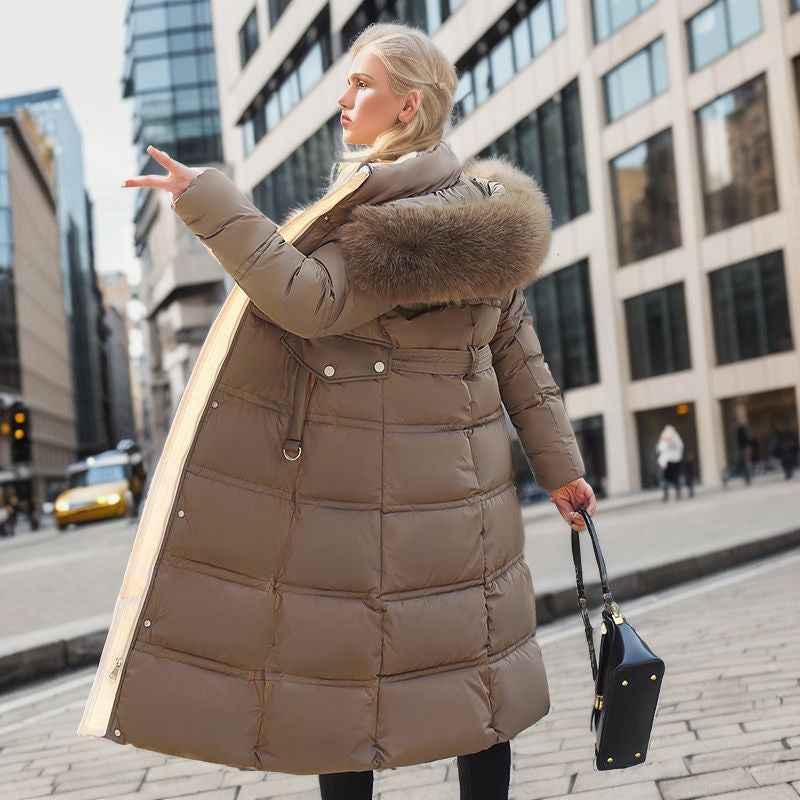 Winter Slim Long Jacket With Fur Hood And Belt Fashion Solid Hooded Coat Warm Clothing For Women - Shopteufel