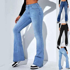 Damen-Jeans in schmaler Passform mit ausgestelltem Bein, modische, lässige Stretchhose mit hohem Bund