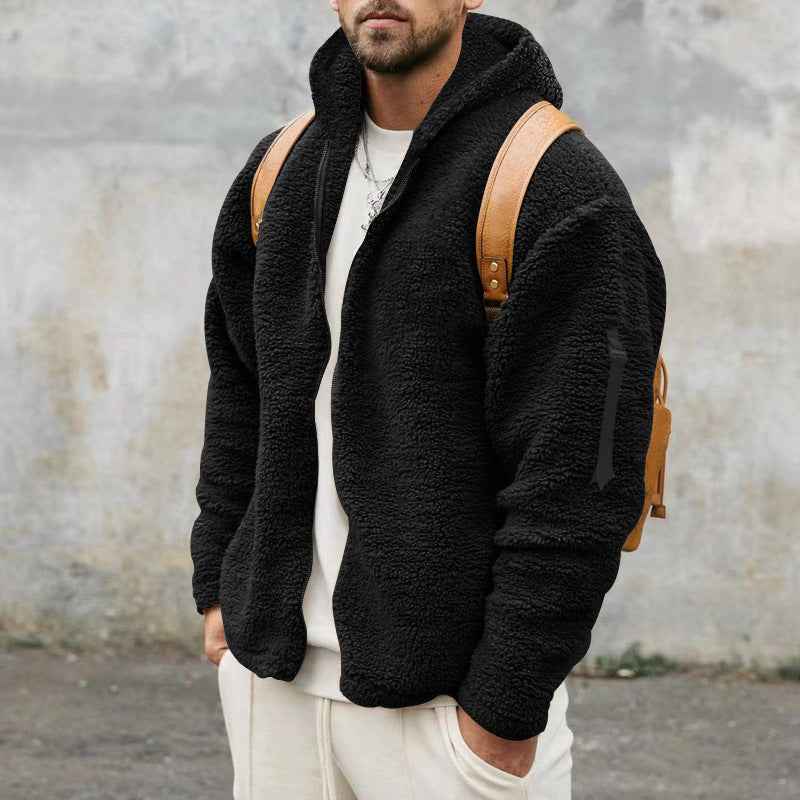 Plush Hooded Jacket Men's Autumn And Winter Fleece Double-sided Wear Warm Coat With Zipper Loose Casual Jacket Outdoor Clothing - Shopteufel