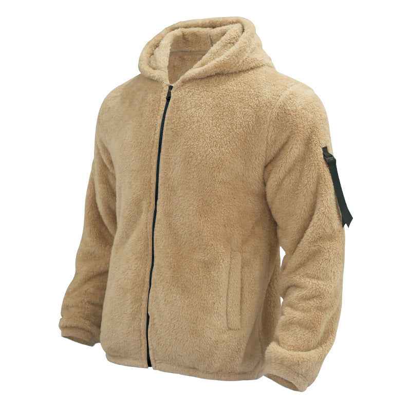 Plush Hooded Jacket Men's Autumn And Winter Fleece Double-sided Wear Warm Coat With Zipper Loose Casual Jacket Outdoor Clothing - Shopteufel