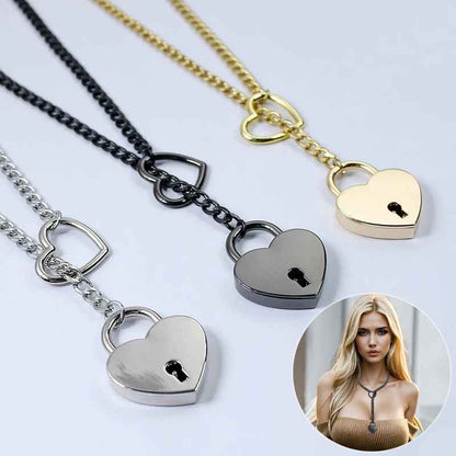 Fashion Jewelry 2024 New Slip Chain Necklace Heart O-Ring Rock Cuban Long Necklace Adjustable Heart Shaped Lock Core With Key - Shopteufel