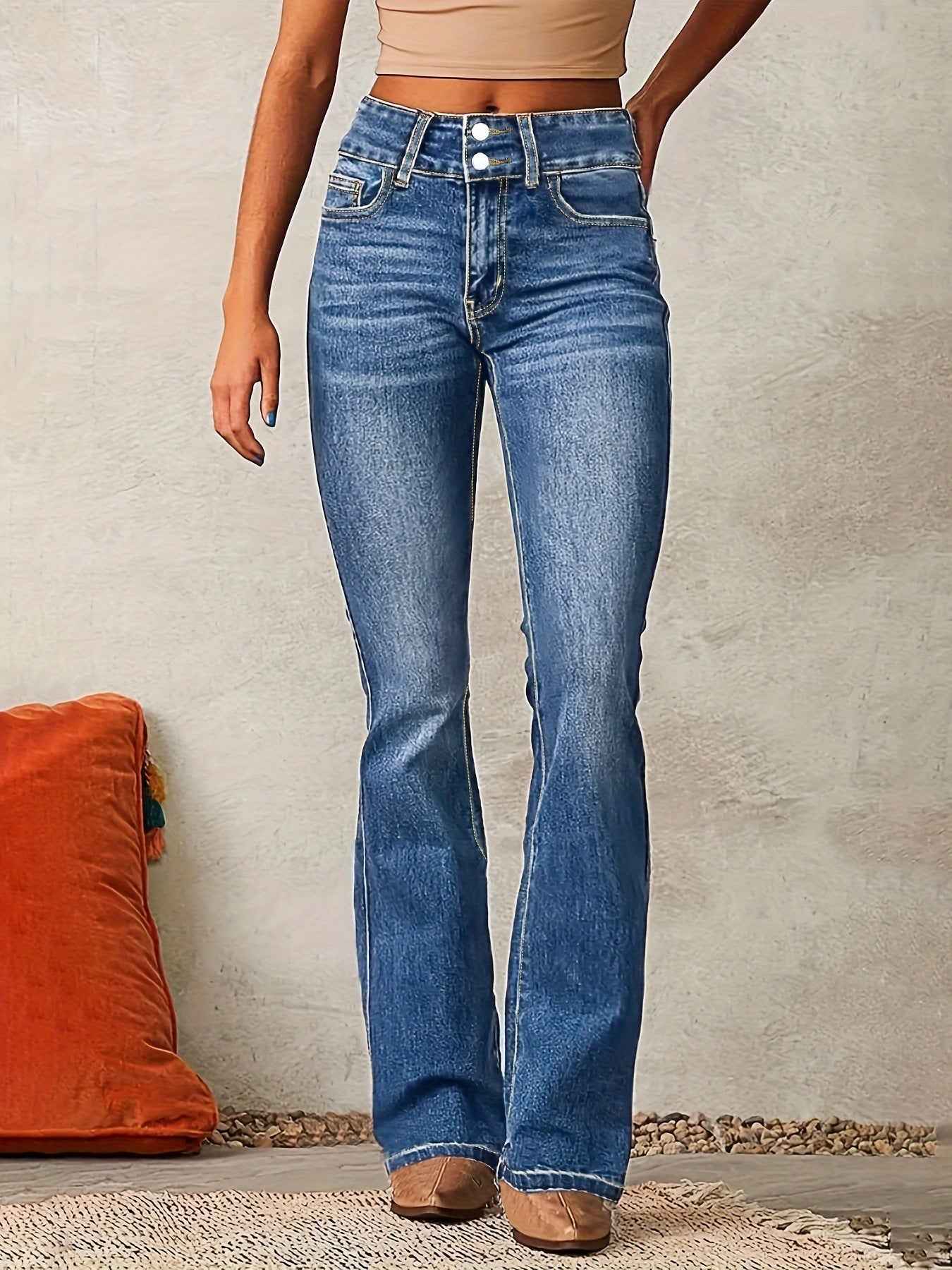 Schmal geschnittene Schlagjeans mit Taschen, modische Knopf- und Reißverschlusshose, Damen-Slim-Denim-Hose - Shopteufel