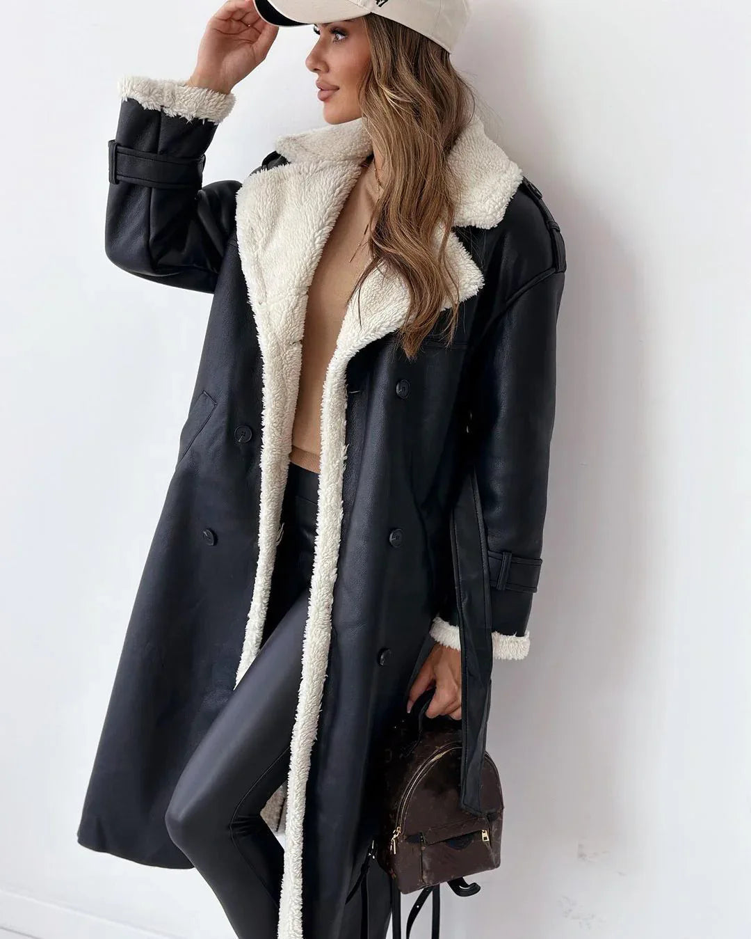 Winterjacke mit Gürtel, modischer, zweireihiger Windbreaker mit Reverskragen, langer Trenchcoat für Damen, mittellanger Mantel - Shopteufel
