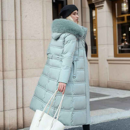 Winter Slim Long Jacket With Fur Hood And Belt Fashion Solid Hooded Coat Warm Clothing For Women - Shopteufel