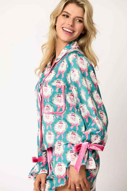 2 Pcs Women's Christmas Pajama Set Santa Tree Print Lapel Neck Button-up Long Sleeve Tops Shorts Loungewear Outfit - Shopteufel