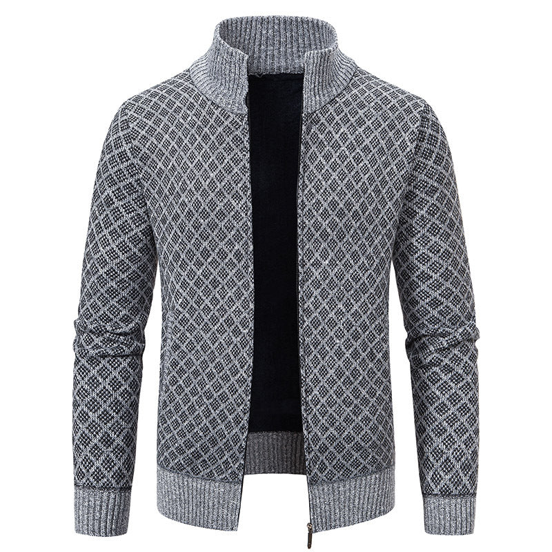 Dicke, karierte Strickjacke, modische Slim-Fit-Strickjacke mit Reißverschluss und Stehkragen, Winter-Herren-Freizeitjacke mit langen Ärmeln
