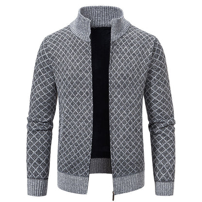 Dicke, karierte Strickjacke, modische Slim-Fit-Strickjacke mit Reißverschluss und Stehkragen, Winter-Herren-Freizeitjacke mit langen Ärmeln