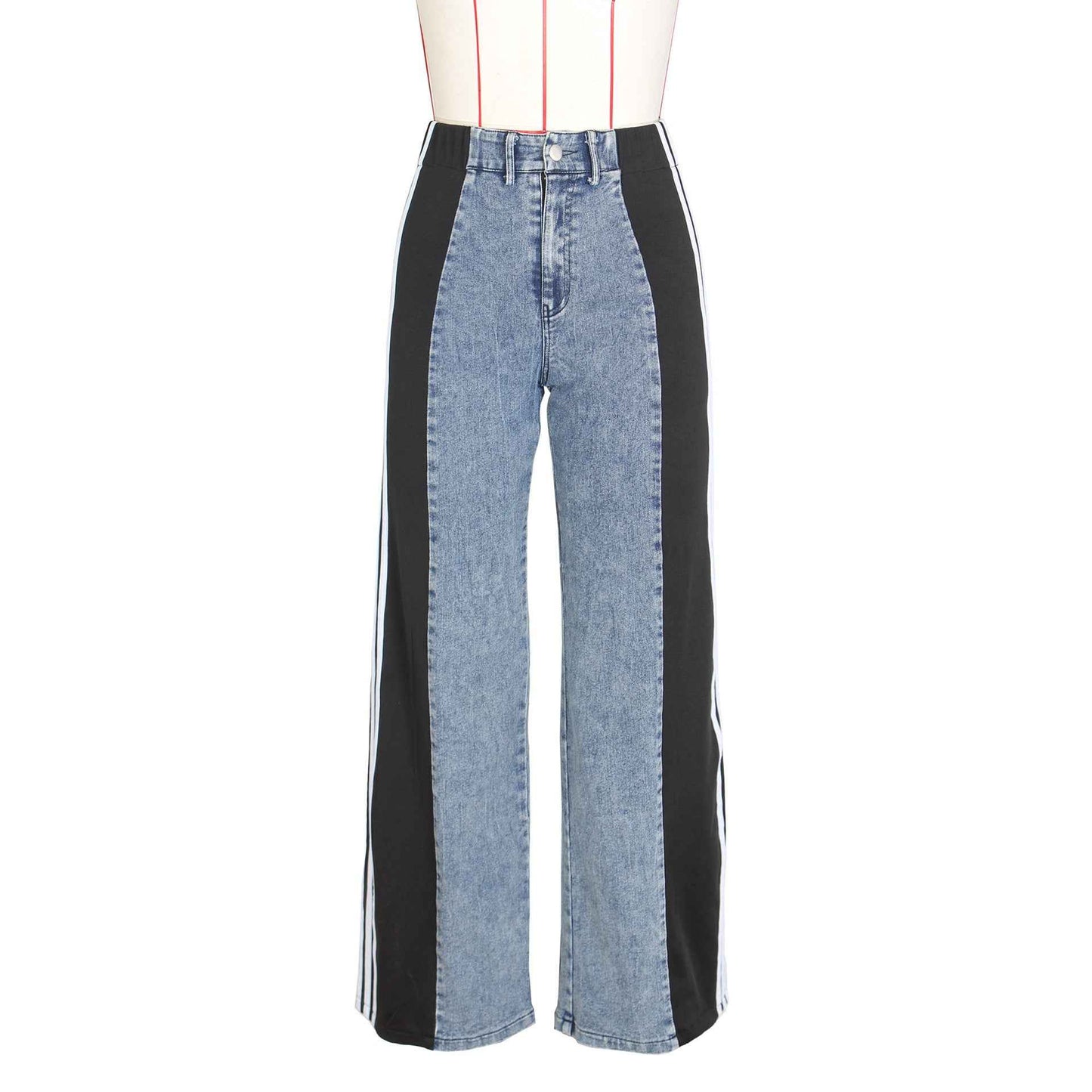 2024 Fashion Casual High Waist Elastic Straight Leg Trousers Three Stripe Patchwork Denim Wide Leg Pants Streetwear - Shopteufel