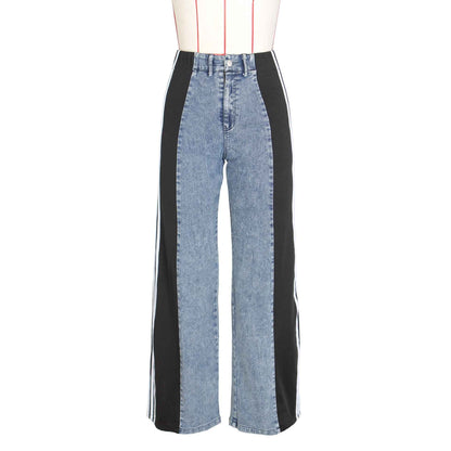 2024 Fashion Casual High Waist Elastic Straight Leg Trousers Three Stripe Patchwork Denim Wide Leg Pants Streetwear - Shopteufel
