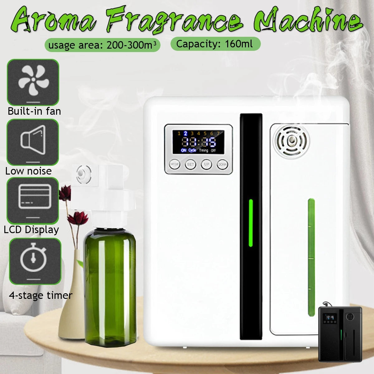 Weiße Aroma Duftmaschine mit LCD-Display, integriertem Lüfter und 160ml Kapazität auf Holztisch