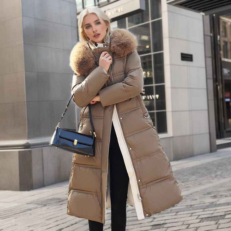 Winter Slim Long Jacket With Fur Hood And Belt Fashion Solid Hooded Coat Warm Clothing For Women - Shopteufel