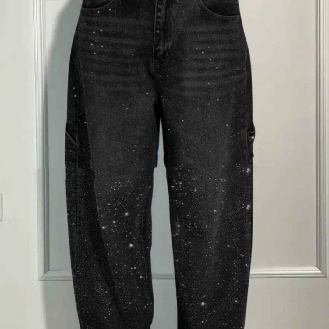 Glänzende, gerade geschnittene Jeans mit Taschen – Modische, lockere Hose mit weitem Bein für Damen im Streetstyle-Stil - Shopteufel