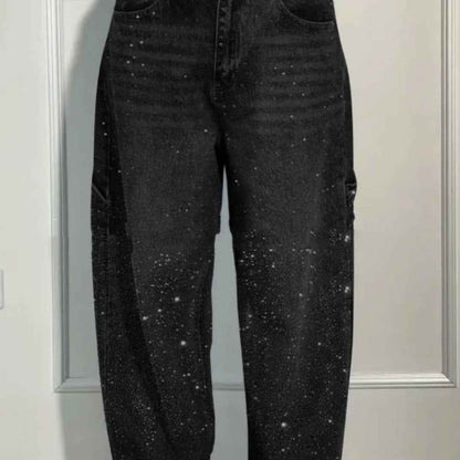 Glänzende, gerade geschnittene Jeans mit Taschen – Modische, lockere Hose mit weitem Bein für Damen im Streetstyle-Stil - Shopteufel