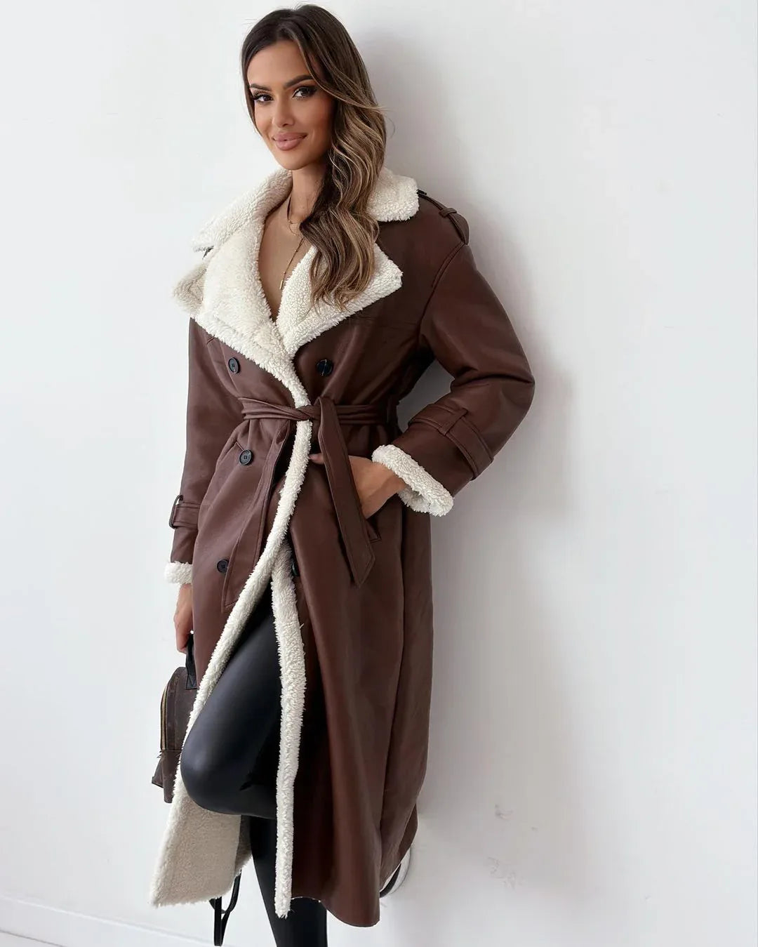 Winterjacke mit Gürtel, modischer, zweireihiger Windbreaker mit Reverskragen, langer Trenchcoat für Damen, mittellanger Mantel - Shopteufel