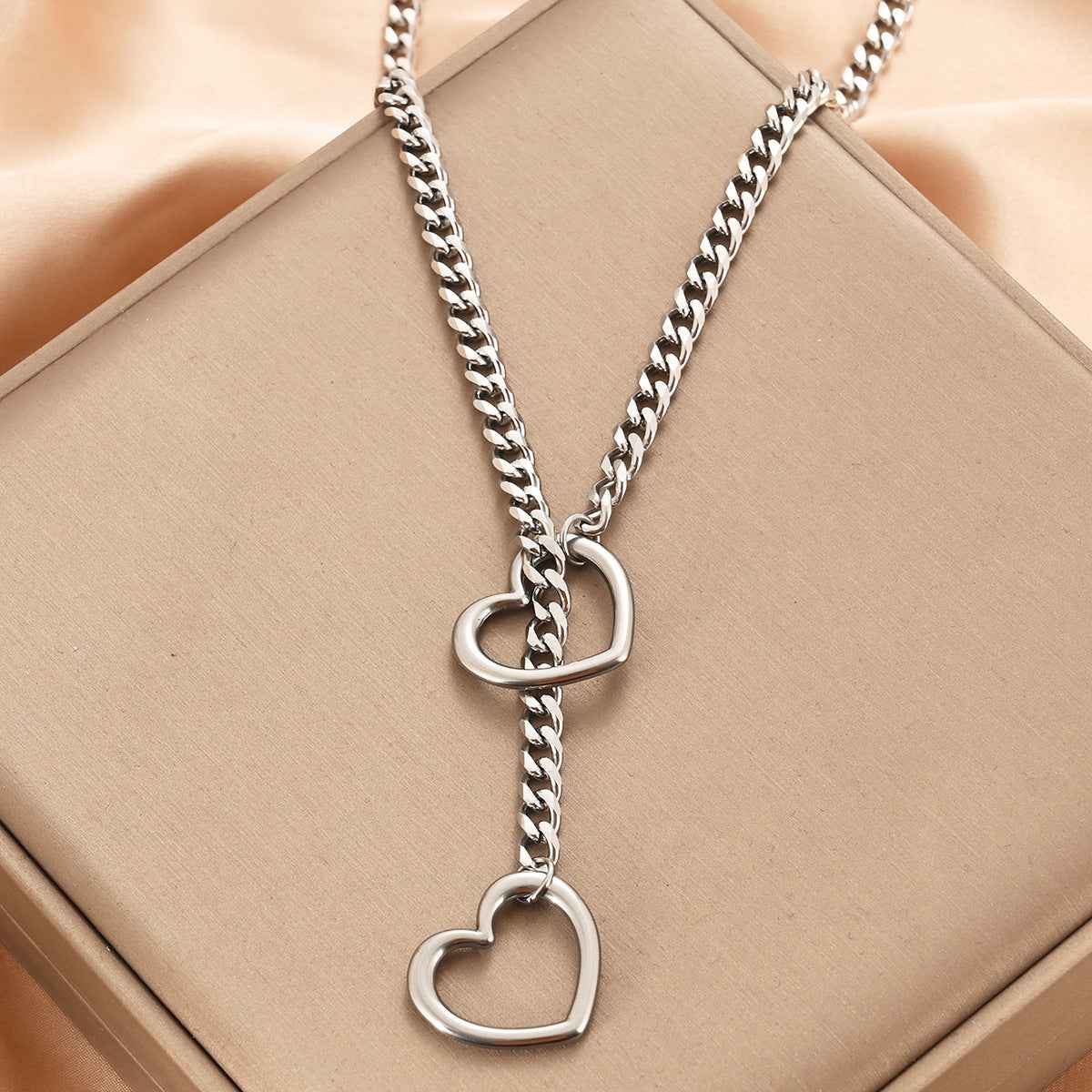 Stainless Steel Lariat Heart Necklace Personality Heavy Ring Cuban Long Chain Punk Rock Slipchain Choker Collar For Women Men - Shopteufel