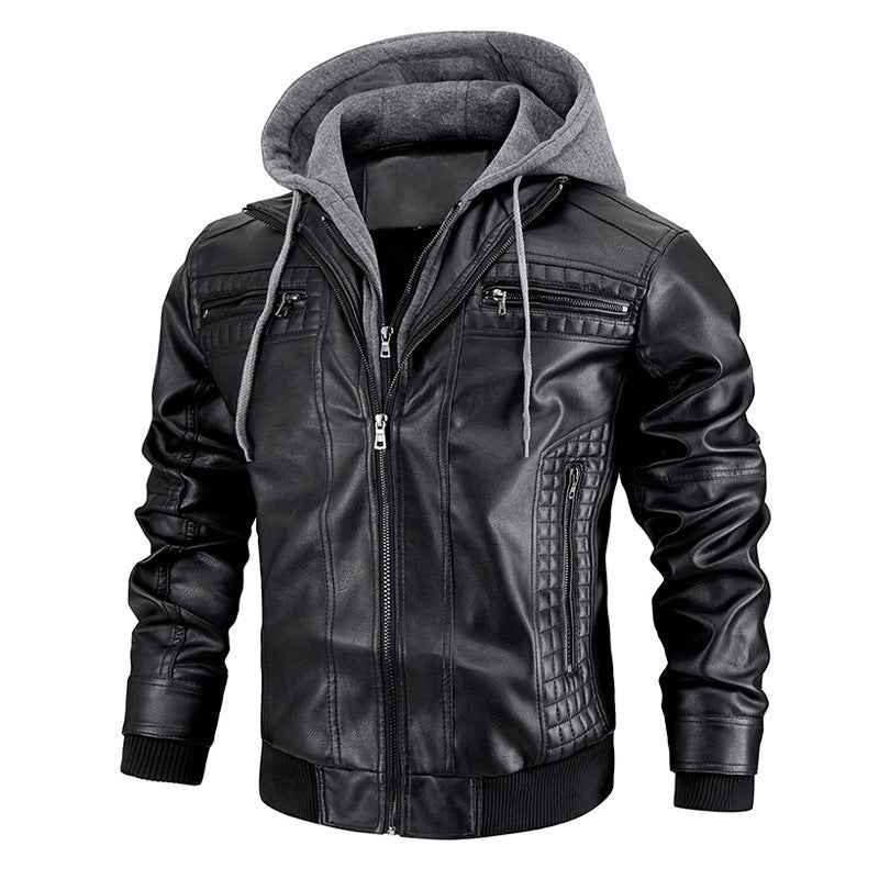 Hooded Jacket With Zipper Pockets Fashion Warm Pu Leather Coat Mens Clothing - Shopteufel