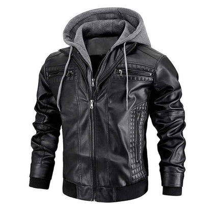 Hooded Jacket With Zipper Pockets Fashion Warm Pu Leather Coat Mens Clothing - Shopteufel