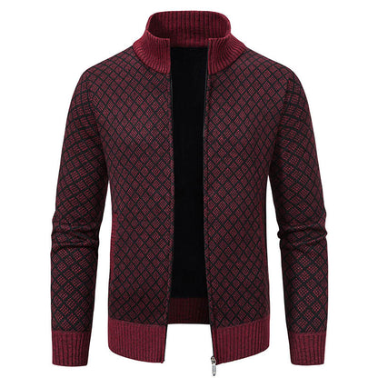 Dicke, karierte Strickjacke, modische Slim-Fit-Strickjacke mit Reißverschluss und Stehkragen, Winter-Herren-Freizeitjacke mit langen Ärmeln