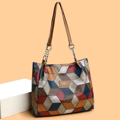 Retro-Schultertasche mit geometrischem Muster und farblich abgestimmten Details - Shopteufel