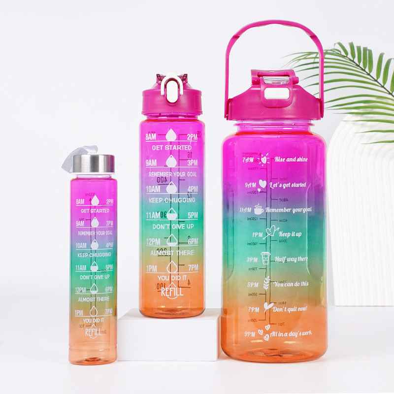 3-in-1 Gradient Color Motivational Water Bottles Set Plastic Straw Double Drink Translucent Outdoor Sports Bottle - Shopteufel