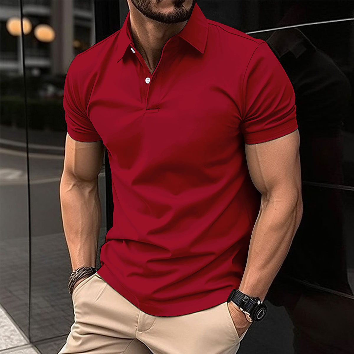 Sommerliches Kurzarm-Poloshirt für Herren, einfarbig, mit Knopfleiste am Revers - Shopteufel