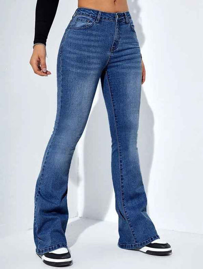 Damen-Jeans in schmaler Passform mit ausgestelltem Bein, modische, lässige Stretchhose mit hohem Bund - Shopteufel