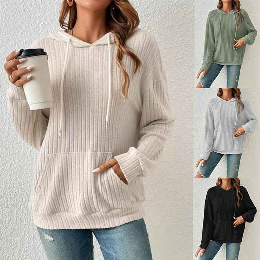 Fashion Drawstring Long-sleeved Hooded Sweatshirt With Pockets Solid Sunken Stripe Hoodie Knitwear Womens Clothing - Shopteufel