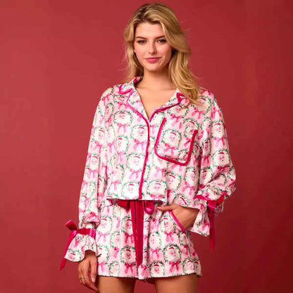 2 Pcs Women's Christmas Pajama Set Santa Tree Print Lapel Neck Button-up Long Sleeve Tops Shorts Loungewear Outfit - Shopteufel