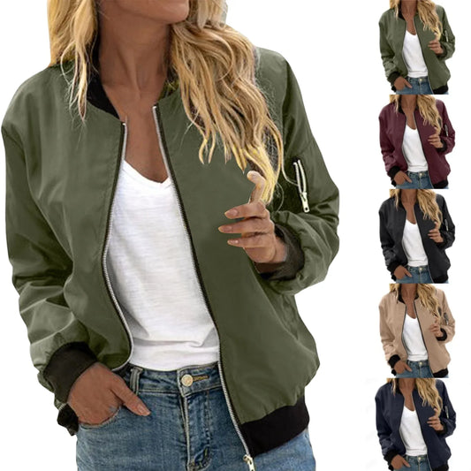 Coole Damen-Baseballjacke in Unifarben, Rundhalsausschnitt, Reißverschluss, Vintage-Bomberjacke, lässige Herbstjacke für Damen, schicke Oberbekleidung - Shopteufel