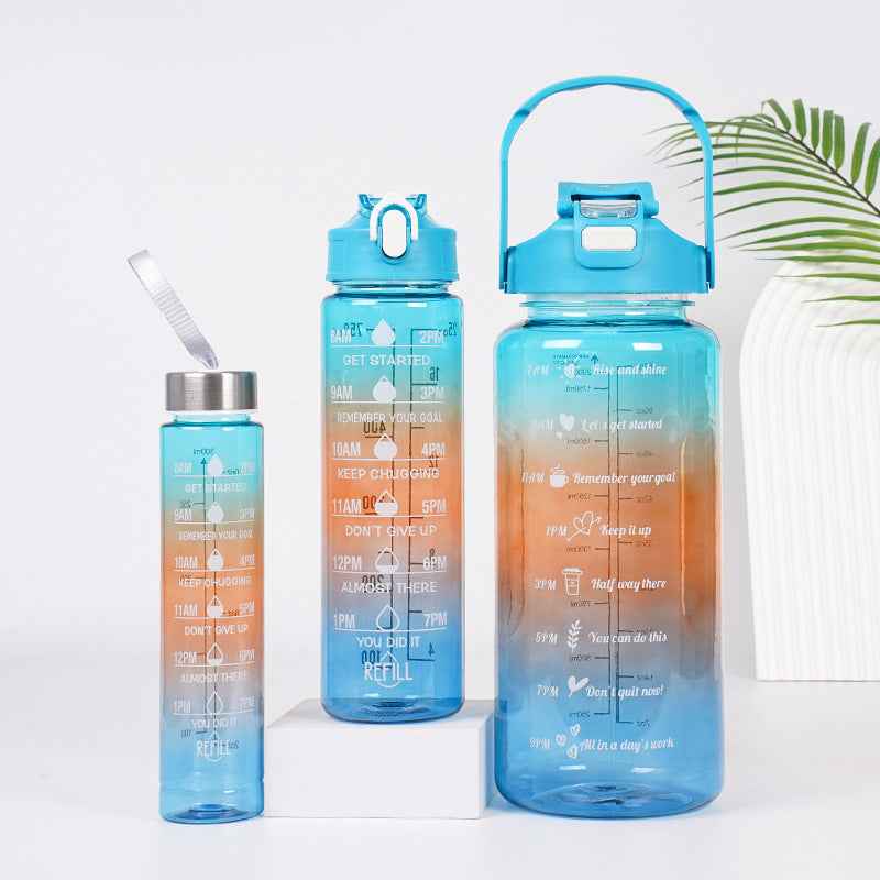3-in-1 Gradient Color Motivational Water Bottles Set Plastic Straw Double Drink Translucent Outdoor Sports Bottle - Shopteufel