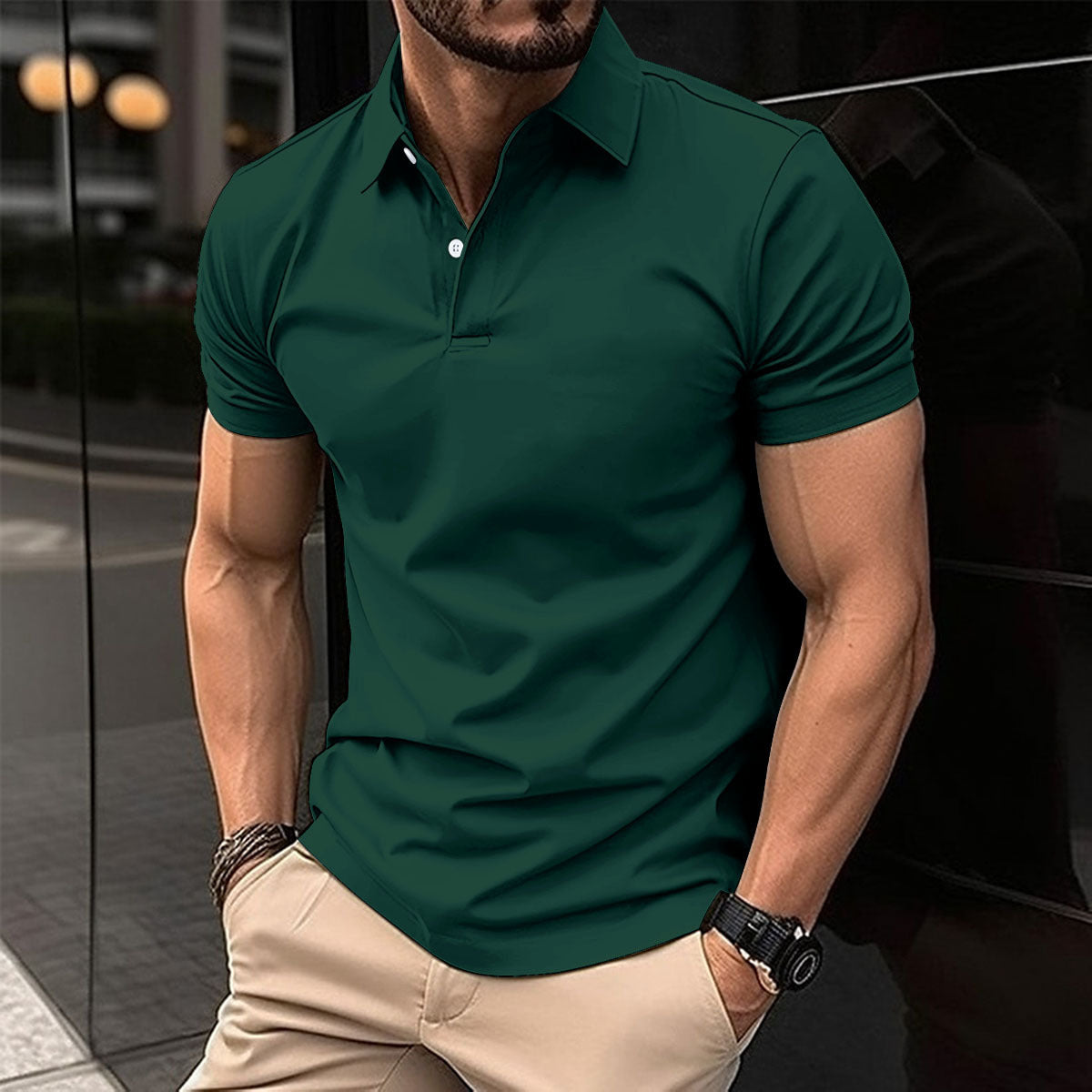 Sommerliches Kurzarm-Poloshirt für Herren, einfarbig, mit Knopfleiste am Revers - Shopteufel