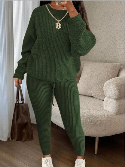 Winter Ribbed Knit Suits Fashion Loose Pullover Sweater Top And Drawstring Pants For Women Trouser Set Clothing