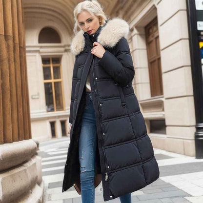 Winter Slim Long Jacket With Fur Hood And Belt Fashion Solid Hooded Coat Warm Clothing For Women - Shopteufel