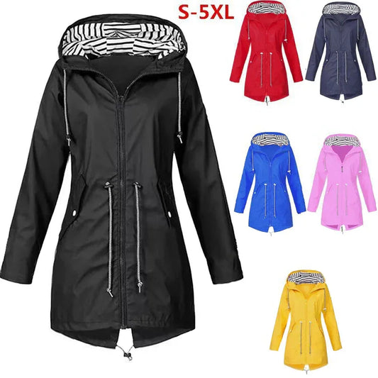Wasserdichter Damen-Regenmantel, lässig, Basic, Outdoor, Trenchcoat mit Kordelzug, leichte Jacke mit Kordelzug, Wanderbekleidung für Damen - Shopteufel