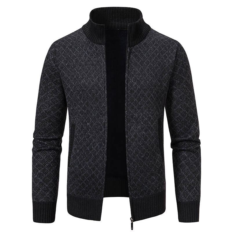 Dicke, karierte Strickjacke, modische Slim-Fit-Strickjacke mit Reißverschluss und Stehkragen, Winter-Herren-Freizeitjacke mit langen Ärmeln